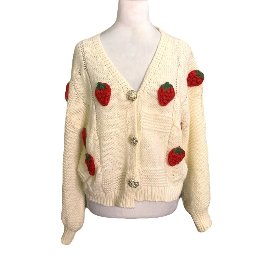 Cream Cardigan with Red Strawberry Appliqués Knit Gold Button Cottagecore